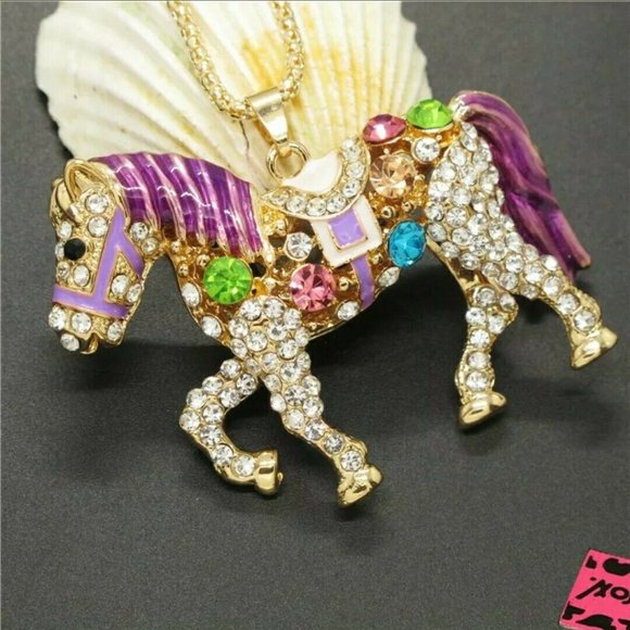 Betsey Johnson Purple Crystal Horse Necklace - Picture 2 of 4